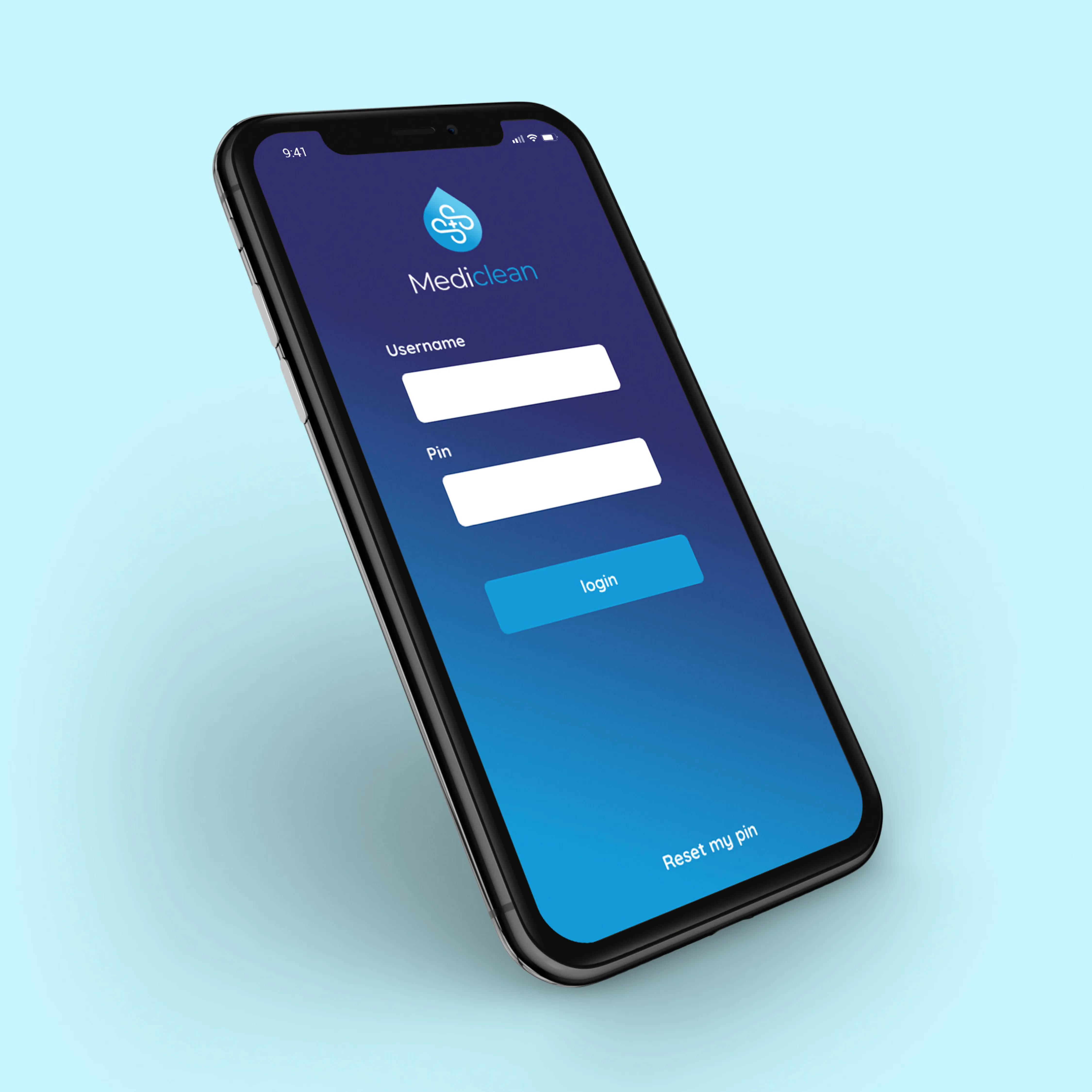 The MediClean customer portal login screen shown on a smartphone